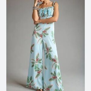 Anthropologie Hutch Ruched Jumpsuit Light Blue Tropical Sz 10 NEW